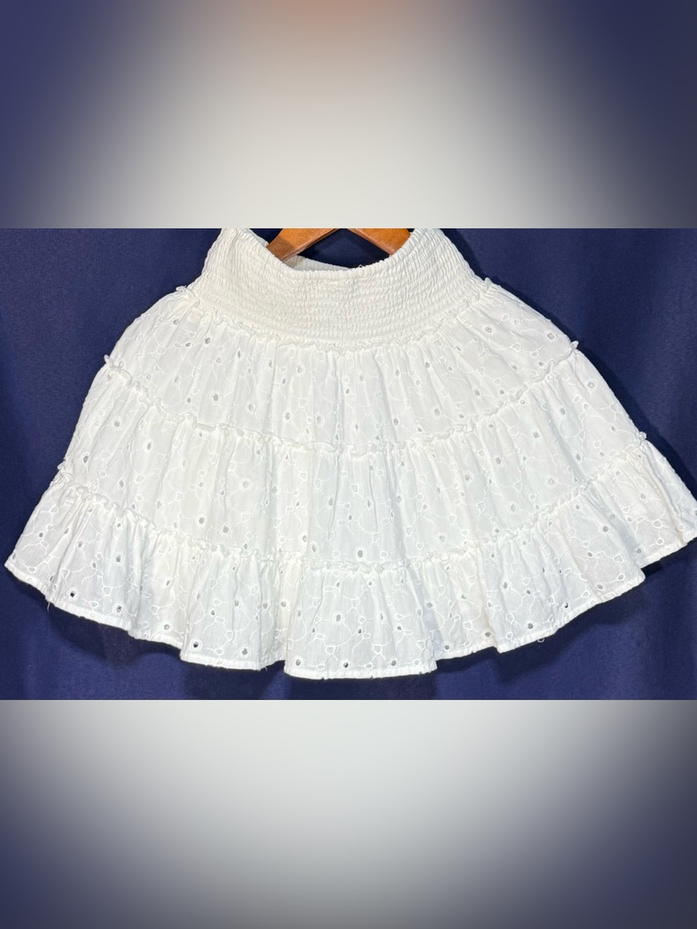 American Eagle White Cotton Linen Eyelet Tiered Mini Skirt Smocked XS